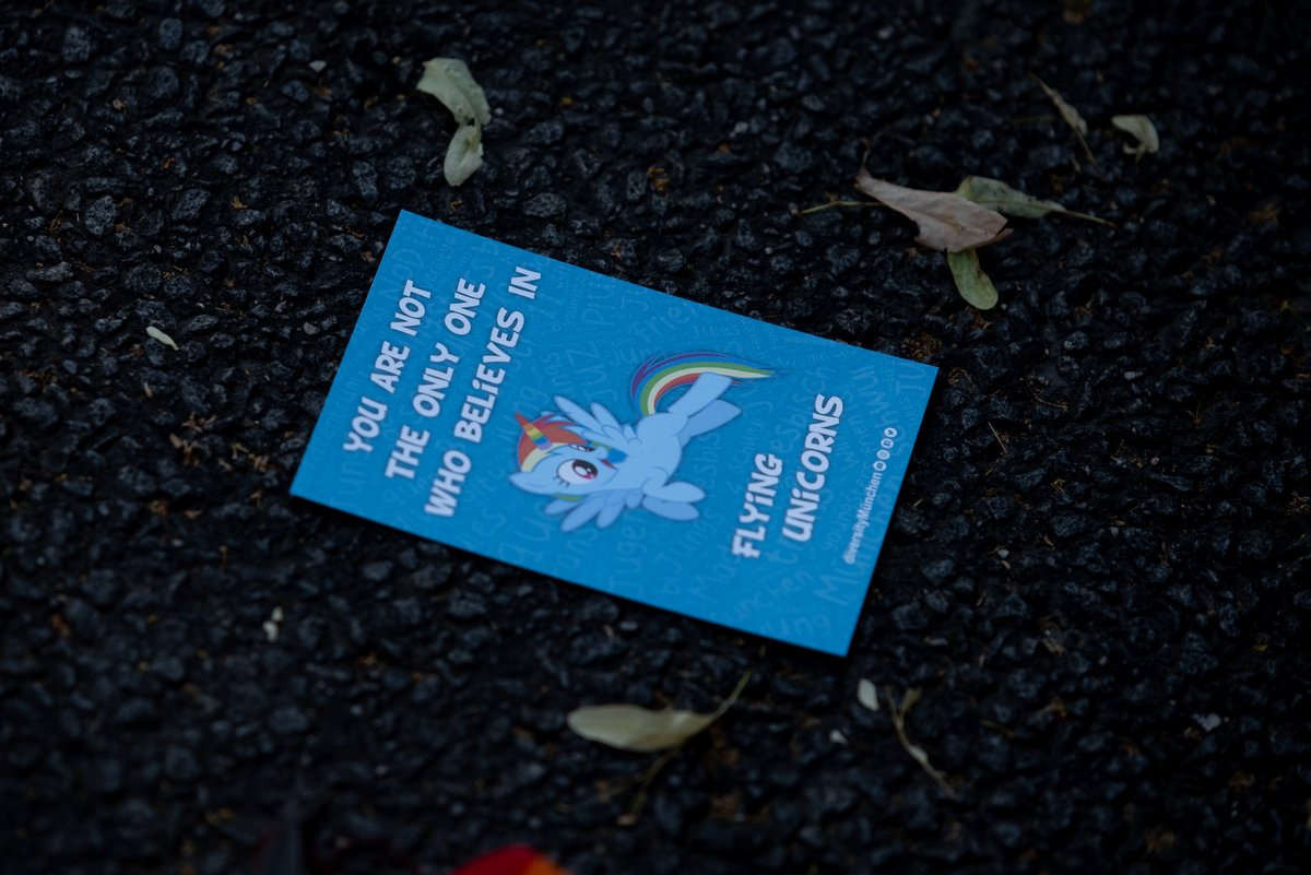 Blauer Flyer mit Einhorn-Motiv und Botschaft f? Vielfalt liegt nach der Parade auf dem Asphalt.