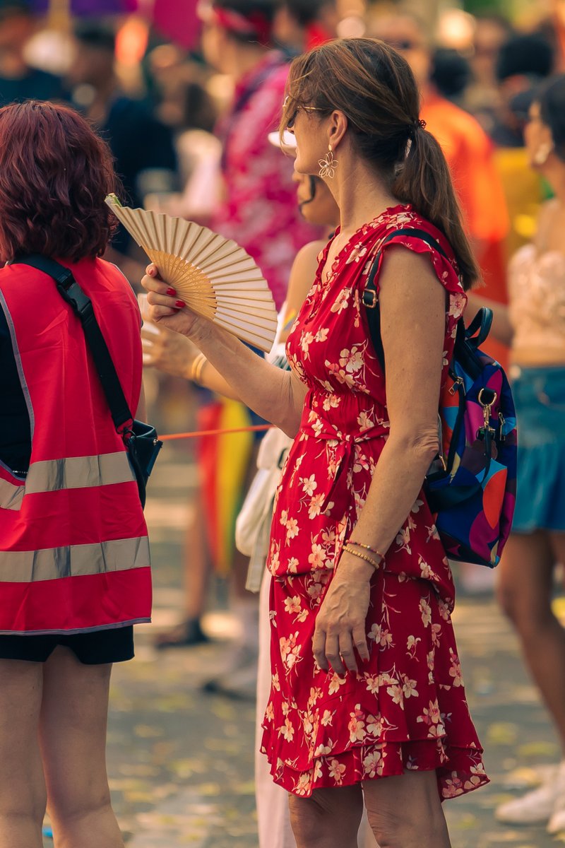 Person in rotem Sommerkleid spricht mit einer Sicherheitskraft am Rand der Parade.